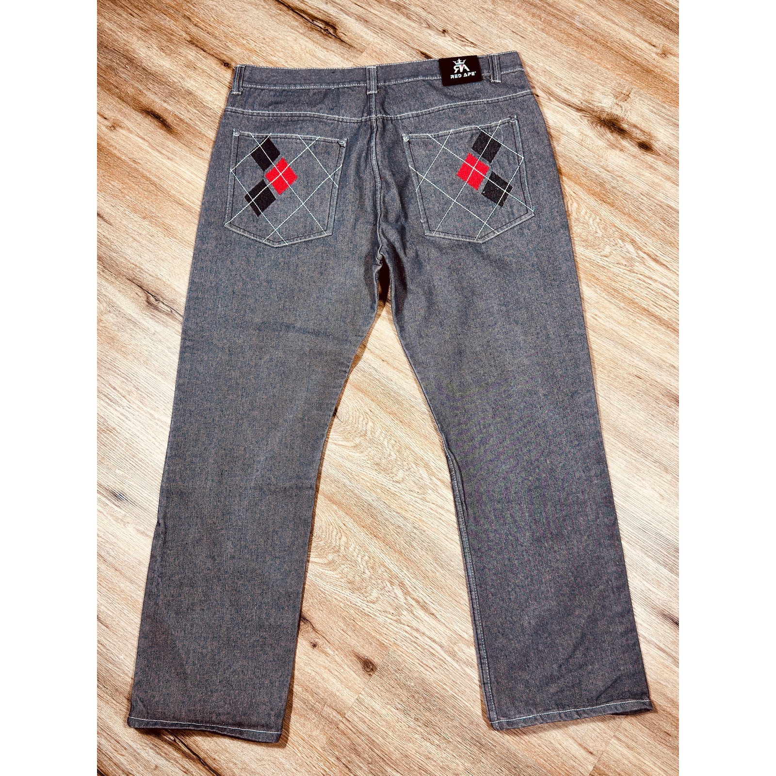 Red Ape Y2k Gray Baggy Jeans Argyle Pocket Embroidered Denim 44x33 Streetwear